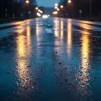 Eine regennasse asphaltierte Straße in der Dämmerung mit spiegelnden Oberflächen und unscharfen Straßenlaternen. - Foto: über boerse-global.de