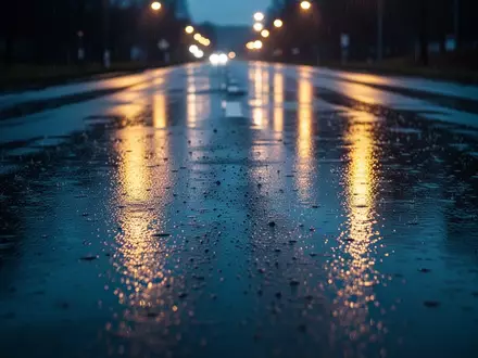 Eine regennasse asphaltierte Straße in der Dämmerung mit spiegelnden Oberflächen und unscharfen Straßenlaternen. - Foto: über boerse-global.de