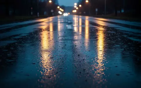 Eine regennasse asphaltierte Straße in der Dämmerung mit spiegelnden Oberflächen und unscharfen Straßenlaternen. - Foto: über boerse-global.de