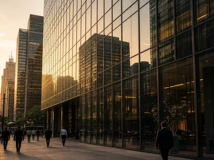 Moderne Glasfassade eines Bürogebäudes in einem Finanzviertel bei Sonnenuntergang. - Foto: über boerse-global.de