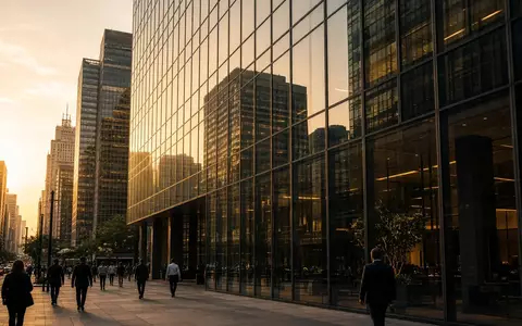 Moderne Glasfassade eines Bürogebäudes in einem Finanzviertel bei Sonnenuntergang. - Foto: über boerse-global.de
