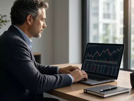 Ein Investor arbeitet an einem Laptop mit Finanzdiagrammen in einem modernen Büro. - Foto: über boerse-global.de