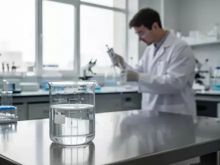 Ein wissenschaftliches Labor mit einem Glasbecher auf einem Edelstahltisch und einer forschenden Person im Hintergrund. - Foto: über boerse-global.de