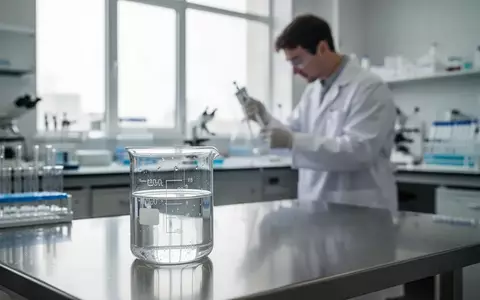 Ein wissenschaftliches Labor mit einem Glasbecher auf einem Edelstahltisch und einer forschenden Person im Hintergrund. - Foto: über boerse-global.de