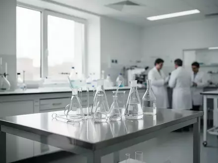 Ein minimalistisches, modernes klinisches Labor mit wissenschaftlichen Glaswaren auf einem Edelstahltisch. - Foto: ĂŒber boerse-global.de