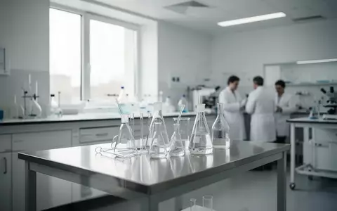Ein minimalistisches, modernes klinisches Labor mit wissenschaftlichen Glaswaren auf einem Edelstahltisch. - Foto: über boerse-global.de