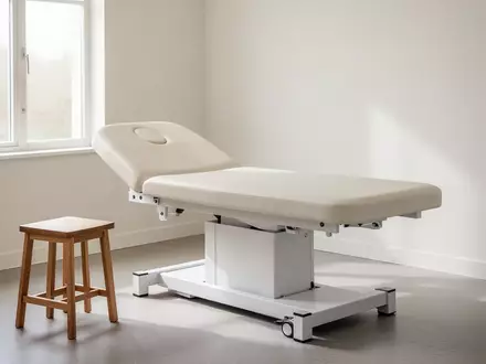 Ein heller, minimalistischer Behandlungsraum in einer Physiotherapiepraxis mit einer Liege und Tageslicht. - Foto: über boerse-global.de