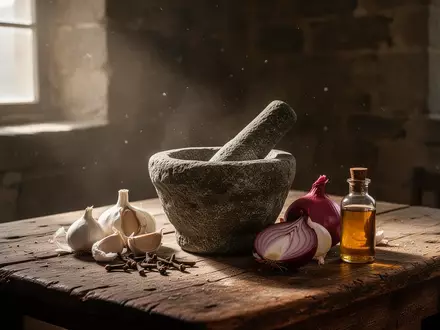 Ein hölzerner Tisch mit einem Mörser, Knoblauch und Zwiebeln in einem rustikalen Raum, der an historische medizinische Forschung erinnert. - Foto: über boerse-global.de