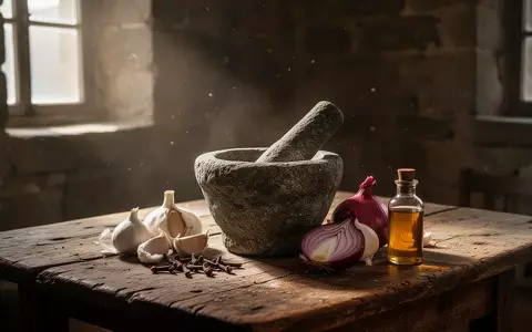 Ein hölzerner Tisch mit einem Mörser, Knoblauch und Zwiebeln in einem rustikalen Raum, der an historische medizinische Forschung erinnert. - Foto: über boerse-global.de