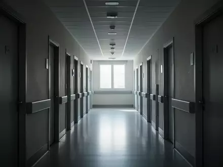 Ein leerer, steriler Krankenhausflur mit geschlossenen Türen in einem italienischen öffentlichen Krankenhaus. - Foto: über boerse-global.de