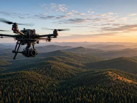 Eine hochmoderne Industriedrohne fliegt über eine weite kanadische Waldlandschaft bei goldenem Licht. - Foto: über boerse-global.de