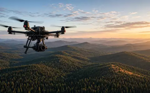 Eine hochmoderne Industriedrohne fliegt über eine weite kanadische Waldlandschaft bei goldenem Licht. - Foto: über boerse-global.de