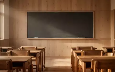 Ein leerer, sonnendurchfluteter Klassenraum mit leeren Holztischen und einer leeren Tafel. - Foto: ĂĽber boerse-global.de