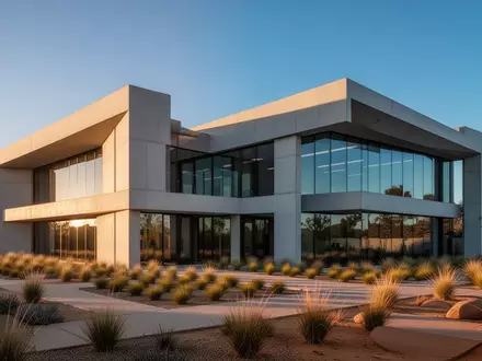 Ein minimalistisches, modernes Bürogebäude in Kalifornien bei Sonnenuntergang mit Glasfassaden und Wüstenlandschaft. - Foto: über boerse-global.de