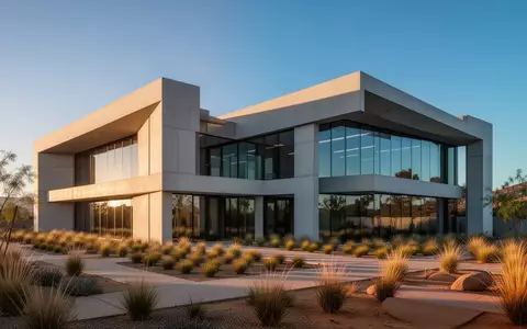 Ein minimalistisches, modernes Bürogebäude in Kalifornien bei Sonnenuntergang mit Glasfassaden und Wüstenlandschaft. - Foto: über boerse-global.de