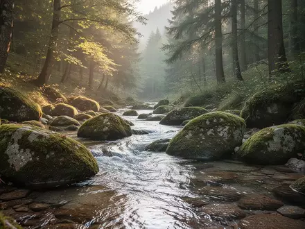 Ein ruhiger Waldbach mit moosbedeckten Steinen in einem sonnendurchfluteten Tal. - Foto: über boerse-global.de