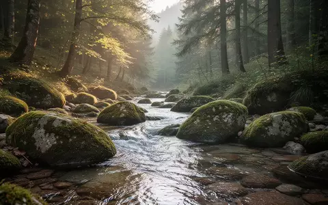 Ein ruhiger Waldbach mit moosbedeckten Steinen in einem sonnendurchfluteten Tal. - Foto: über boerse-global.de
