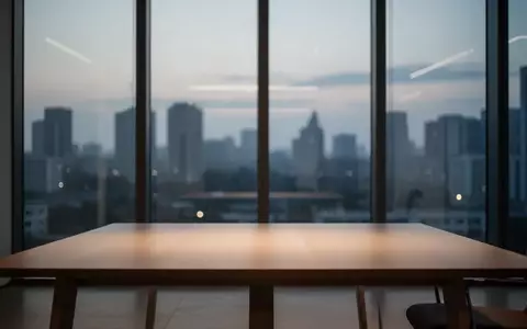 Ein minimalistischer, moderner Büroraum mit einem leeren Holztisch vor einer großen Fensterfront in der Dämmerung. - Foto: über boerse-global.de