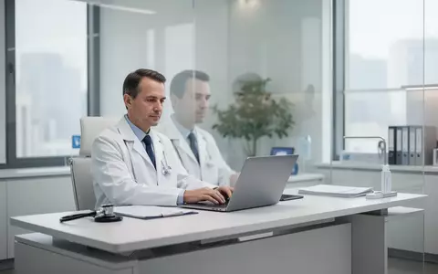 Ein Arzt in einem modernen Büro arbeitet an einem Laptop in einer professionellen medizinischen Umgebung. - Foto: über boerse-global.de