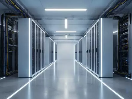 Ein minimalistisch gestalteter, modern beleuchteter Serverraum mit symmetrischen Reihen und reflektierenden Oberflächen. - Foto: über boerse-global.de