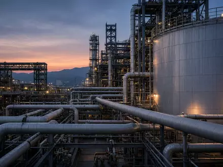 Industrielle Lithium-Verarbeitungsanlage bei Dämmerung mit Fokus auf Metallrohre und Lagerbehälter. - Foto: über boerse-global.de