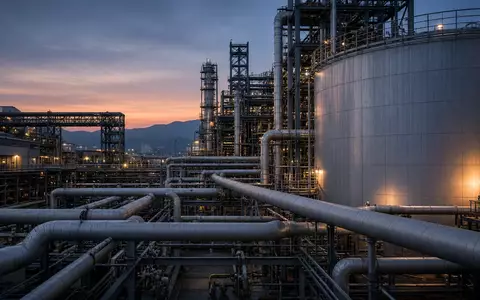 Industrielle Lithium-Verarbeitungsanlage bei Dämmerung mit Fokus auf Metallrohre und Lagerbehälter. - Foto: über boerse-global.de