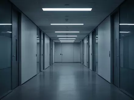 Ein leerer, modern gestalteter Büroflur mit kühler Beleuchtung, der eine Atmosphäre digitaler Unsicherheit vermittelt. - Foto: über boerse-global.de