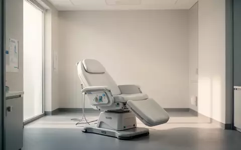 Ein heller, leerer Behandlungsraum in einer onkologischen Klinik mit einem medizinischen Ruhesessel. - Foto: über boerse-global.de
