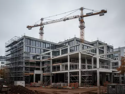 Eine unfertige Baustelle eines Bürogebäudes in einer deutschen Stadt an einem bewölkten Herbsttag. - Foto: über boerse-global.de