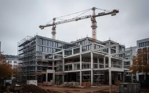 Eine unfertige Baustelle eines Bürogebäudes in einer deutschen Stadt an einem bewölkten Herbsttag. - Foto: über boerse-global.de