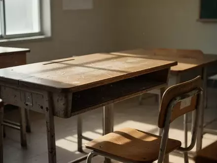 Ein leerer hölzerner Schultisch in einem hellen, ruhigen Klassenzimmer mit sanftem Lichteinfall. - Foto: über boerse-global.de