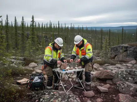 Geologen bei der Feldarbeit in einer bewaldeten und felsigen Landschaft zur Erkundung von Bodenschätzen. - Foto: über boerse-global.de