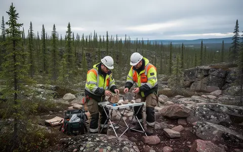 Geologen bei der Feldarbeit in einer bewaldeten und felsigen Landschaft zur Erkundung von Bodenschätzen. - Foto: über boerse-global.de