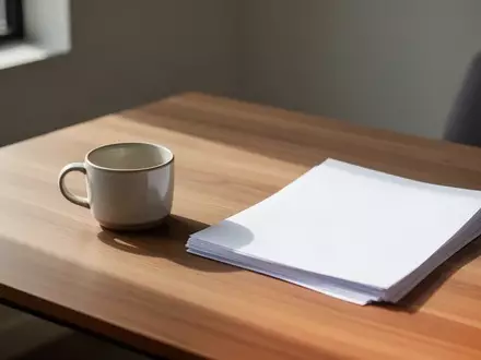 Ein minimalistischer, moderner Arbeitsplatz mit einer leeren Kaffeetasse und leeren Dokumenten auf einem Holztisch. - Foto: ĂĽber boerse-global.de