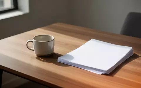 Ein minimalistischer, moderner Arbeitsplatz mit einer leeren Kaffeetasse und leeren Dokumenten auf einem Holztisch. - Foto: über boerse-global.de
