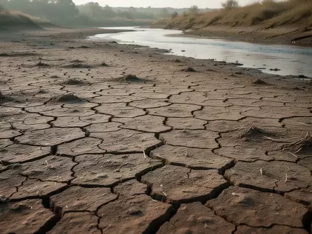 Ein ausgetrocknetes, rissiges Flussbett verdeutlicht die anhaltende Trockenheit und die Notwendigkeit zum Wassersparen. - Foto: über boerse-global.de