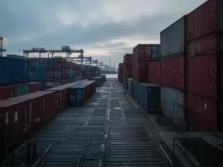Ein weitläufiger, leerer Containerhafen bei Dämmerung mit gestapelten Stahlcontainern unter einem bewölkten Himmel. - Foto: über boerse-global.de