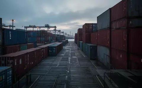 Ein weitläufiger, leerer Containerhafen bei Dämmerung mit gestapelten Stahlcontainern unter einem bewölkten Himmel. - Foto: über boerse-global.de