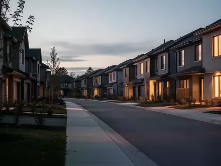 Eine ruhige Wohnstraße in der Dämmerung mit beleuchteten Fenstern in den Häusern. - Foto: über boerse-global.de