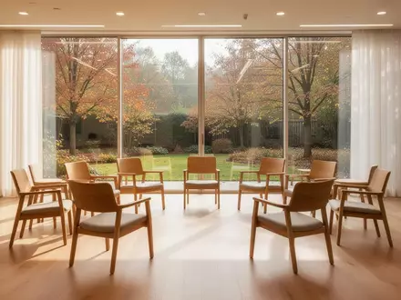 Ein heller, ruhig gestalteter Veranstaltungsraum in einem modernen Beratungszentrum mit Blick in einen herbstlichen Garten. - Foto: über boerse-global.de