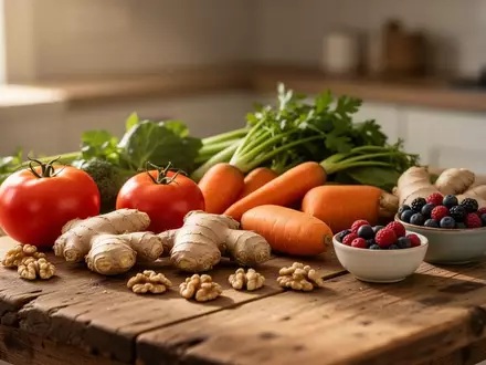 Frische, unverarbeitete Lebensmittel wie Gemüse, Ingwer, Beeren und Nüsse auf einem hölzernen Küchentisch. - Foto: über boerse-global.de