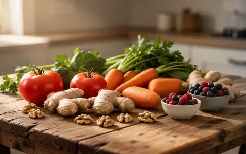 Frische, unverarbeitete Lebensmittel wie Gemüse, Ingwer, Beeren und Nüsse auf einem hölzernen Küchentisch. - Foto: über boerse-global.de