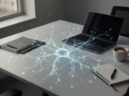Ein moderner, minimalistischer Büroarbeitsplatz mit einem Laptop und sanftem, abstraktem Licht, das ein neuronales Netz symbolisiert. - Foto: über boerse-global.de