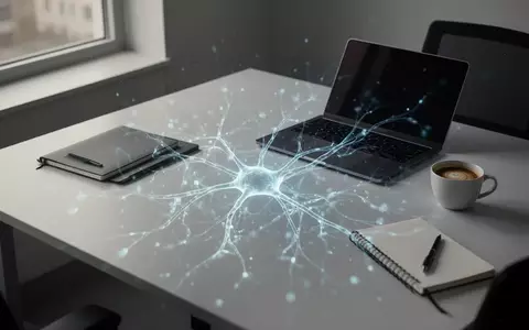 Ein moderner, minimalistischer Büroarbeitsplatz mit einem Laptop und sanftem, abstraktem Licht, das ein neuronales Netz symbolisiert. - Foto: über boerse-global.de