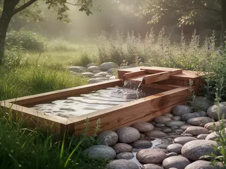 Ein hölzernes Wassertretbecken in einem naturnahen Garten mit Steinen und Kräutern bei natürlichem Tageslicht. - Foto: über boerse-global.de