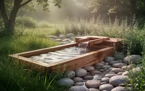 Ein hölzernes Wassertretbecken in einem naturnahen Garten mit Steinen und Kräutern bei natürlichem Tageslicht. - Foto: über boerse-global.de