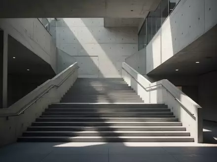Architektonische Aufnahme eines modernen, leeren Treppenhauses in einem öffentlichen Gebäude bei natürlichem Licht. - Foto: über boerse-global.de