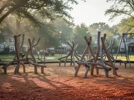 Ein leerer, sonnendurchfluteter Spielplatz in einem öffentlichen Park mit Holzhackschnitzeln am Boden. - Foto: über boerse-global.de