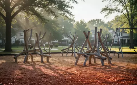 Ein leerer, sonnendurchfluteter Spielplatz in einem öffentlichen Park mit Holzhackschnitzeln am Boden. - Foto: über boerse-global.de