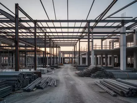 Eine moderne Baustelle mit Stahlgerüsten und Betonstrukturen in der Abenddämmerung. - Foto: über boerse-global.de